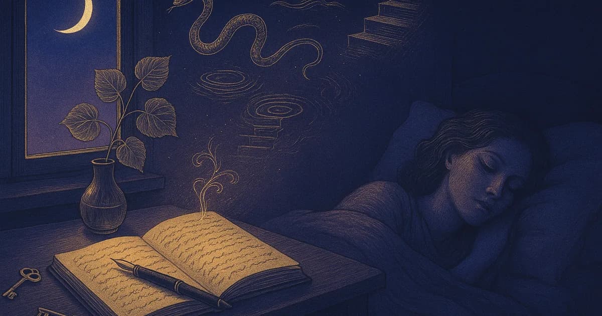 Spolehlivý online snář: otevřený deník snů na nočním stolku za úsvitu, lipová větvička a doznívající obrazy snu
