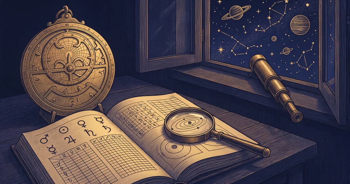 Pravdivý horoskop: astroláb, stará kniha s planetárními symboly, lupa nad drahami planet a dalekohled u okna do noční oblohy
