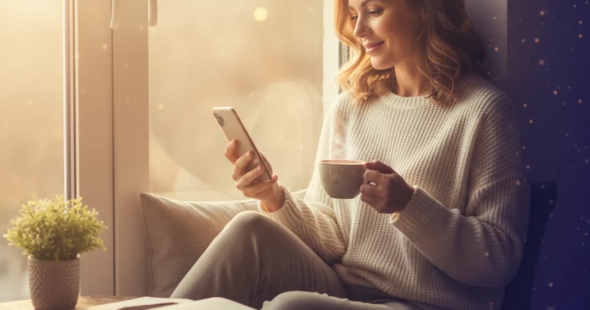 Žena u okna s ranní kávou a mobilem v ruce čte svůj dnešní horoskop
