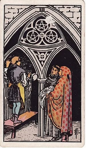 Trojka pentaklů — tarot karta Rider-Waite-Smith (Three of Pentacles)