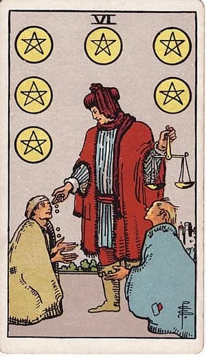 Šestka pentaklů — tarot karta Rider-Waite-Smith (Six of Pentacles)