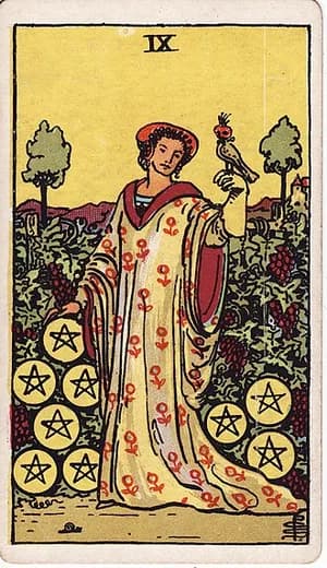 Devítka pentaklů — tarot karta Rider-Waite-Smith (Nine of Pentacles)