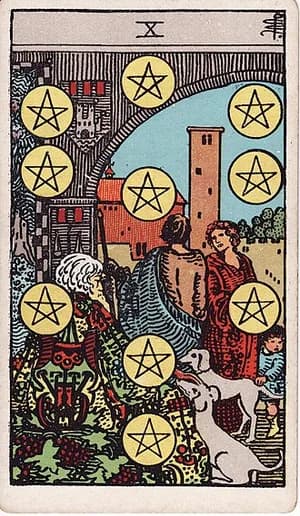 Desítka pentaklů — tarot karta