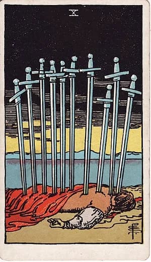 Desítka mečů — tarot karta Rider-Waite-Smith (Ten of Swords)