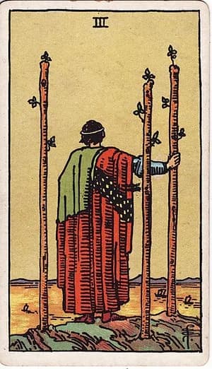 Trojka holí — tarot karta Rider-Waite-Smith (Three of Wands)