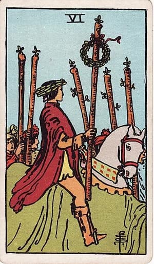 Šestka holí — tarot karta Rider-Waite-Smith (Six of Wands)