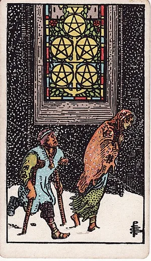 Pentaklů — tarot karta Rider-Waite-Smith